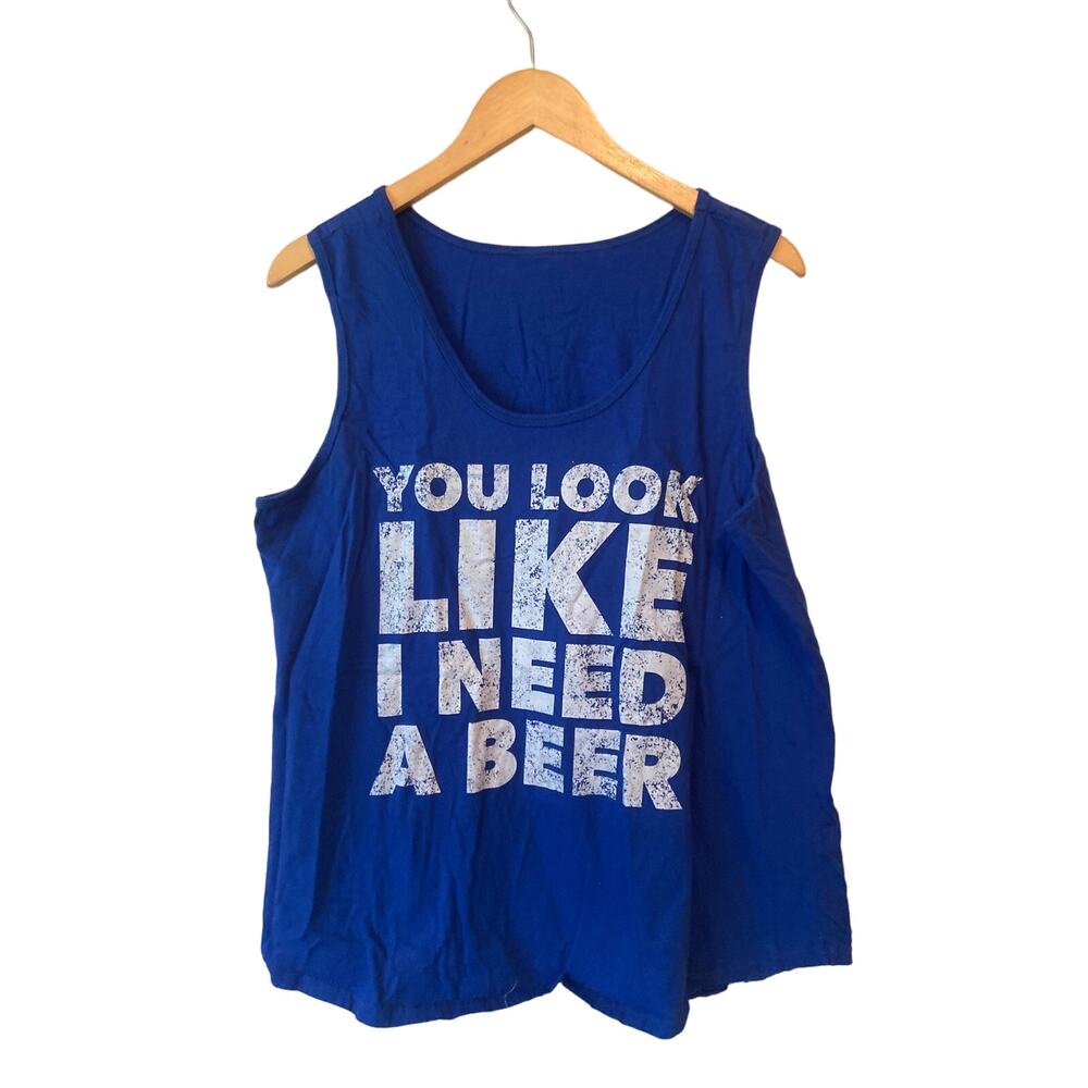 You Look Like I Need A Beer Tank Top Humor Frat Party College Blue Tank Top L